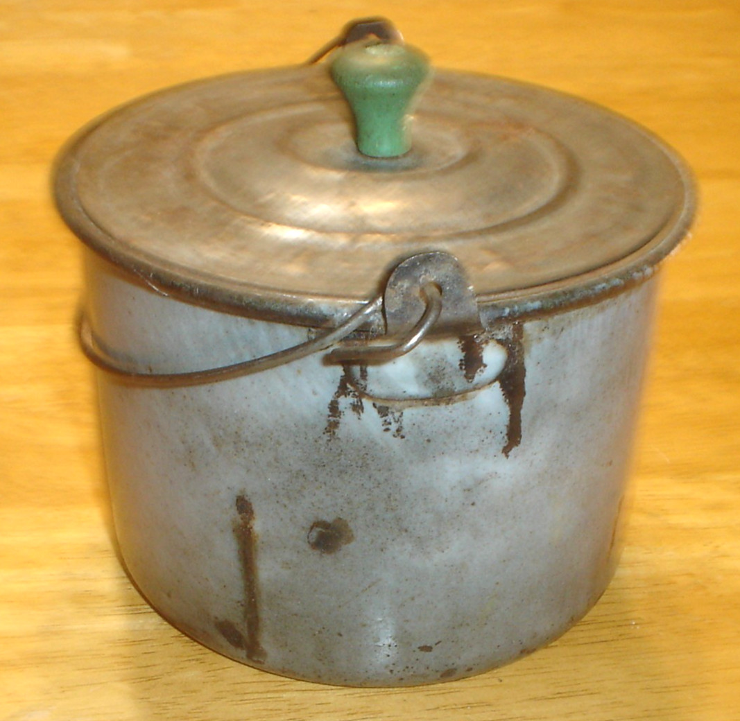 Antique Gray Enamelware / Graniteware Berry Bucket / Pail with Embossed Tin Lid