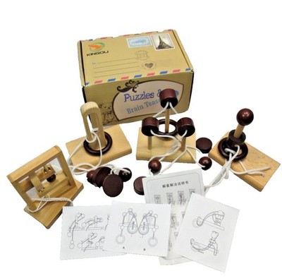 Kingoug 4 Pack Classic Wooden Rope Puzzle Set Ring String Solution Brain Teaser