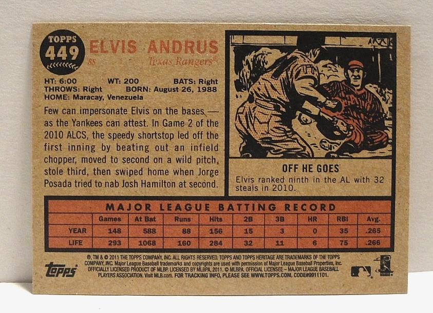 2011 Topps Heritage Baseball #449 Elvis Andus Texas Rangers Short Print NM - Image 2 of 2