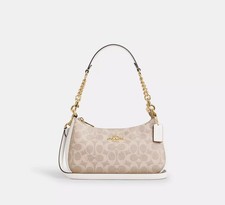 NWT COACH CV933 Teri Shoulder Bag In Signature Canvas Gold/Sand/Chalk