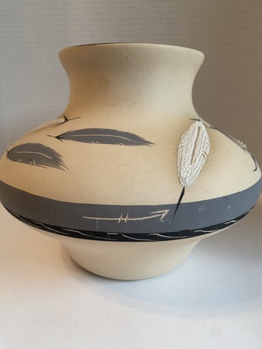 Piuma grigia FIRMATA #77-Desert Pueblo Pottery LG. Vaso Squatty~Crema GRIGIO BIANCO - Foto 2 di 13