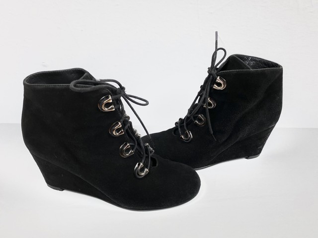 black lace up wedge booties