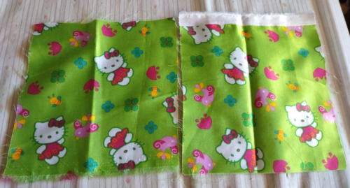 Set of 2 Green Hello Kitty Satin Fabric Remnants 7 1/4" x 7 1/2" - Afbeelding 1 van 3