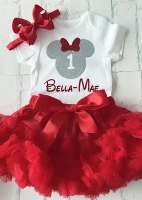 FLORENCE LILY BOUTIQUE Girls Personalised 1st First Birthday Outfit Tutu Skirt Red Silver Minnie