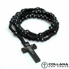 Collana Rosario in legno con perline nero e Crocifisso da Uomo per Donna Croce
