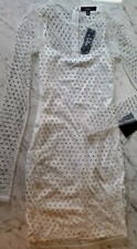 NWT LULUS white bodycon DRESS with mesh silver overlay size S