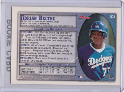 ADRIAN BELTRE Bowman RC Texas Rangers ROOKIE CARD Dodgers Baseball JUST  RETIRED!