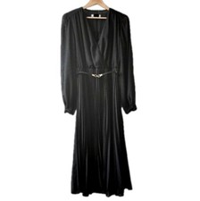 Mango Black long sleeve belted midi dress size 8 silver metallic sophisticated