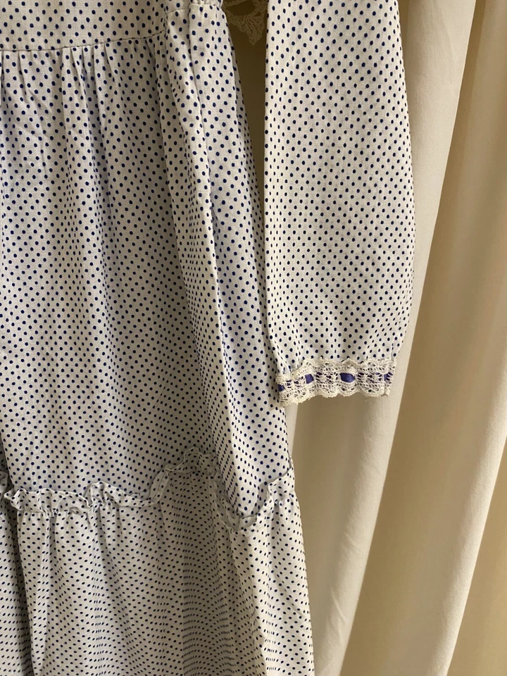 Vintage Prairie Maxi Dress Little Girls JC Penney Sz 12 Swiss Dot White Navy - Image 3 of 4