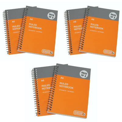 6 x A6 Size Ruled Spiral Notebook 100 Pages Each 89% Brightness 65 gsm ...