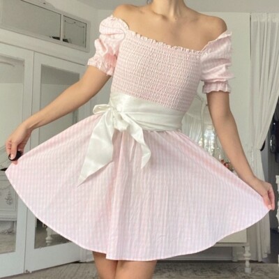 Francesca's Pink Striped Smocked Off Shoulder Summer Day Dress