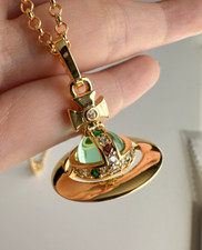 Vivienne Westwood 3D Tiny Orb Green Glass Silver Necklace Chain XX11V