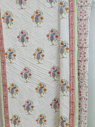 Quilt, Peacock Hand Block Print 100% Pure Cotton Cloth Quilted Throw Blanket - Foto 10 di 11
