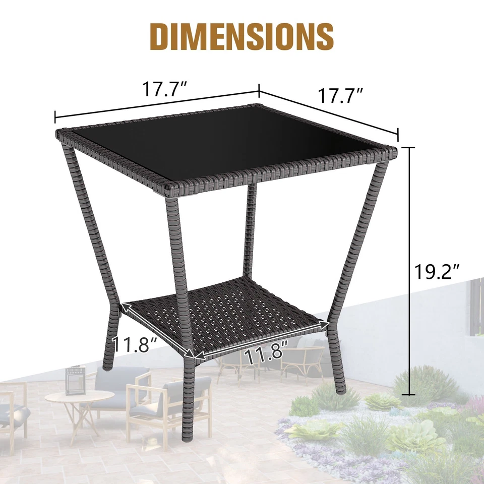 Mesa auxiliar exterior de mimbre PE ratán, tapa de vidrio templado, marrón oscuro Foto 2 de 4
