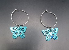 Silver Tone Hoops With Blue Irradecent Butterfly Dangle Earrings Pierced Ears