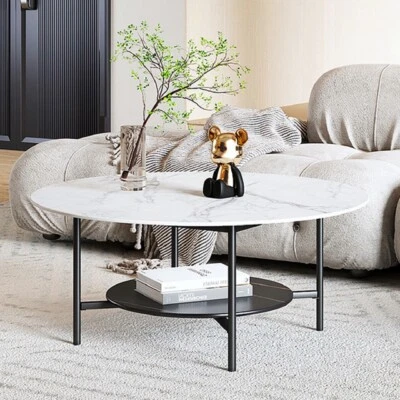 Couchtisch Rund Wohnzimmertisch Sofatisch Luxus echter Marmor Weiß Ø80cm Metall - Bild 1 von 4