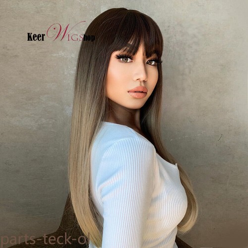 Long Straight Wigs Ash Brown Blonde With Bangs Natural Women Daily Party US - Picture 12 of 17