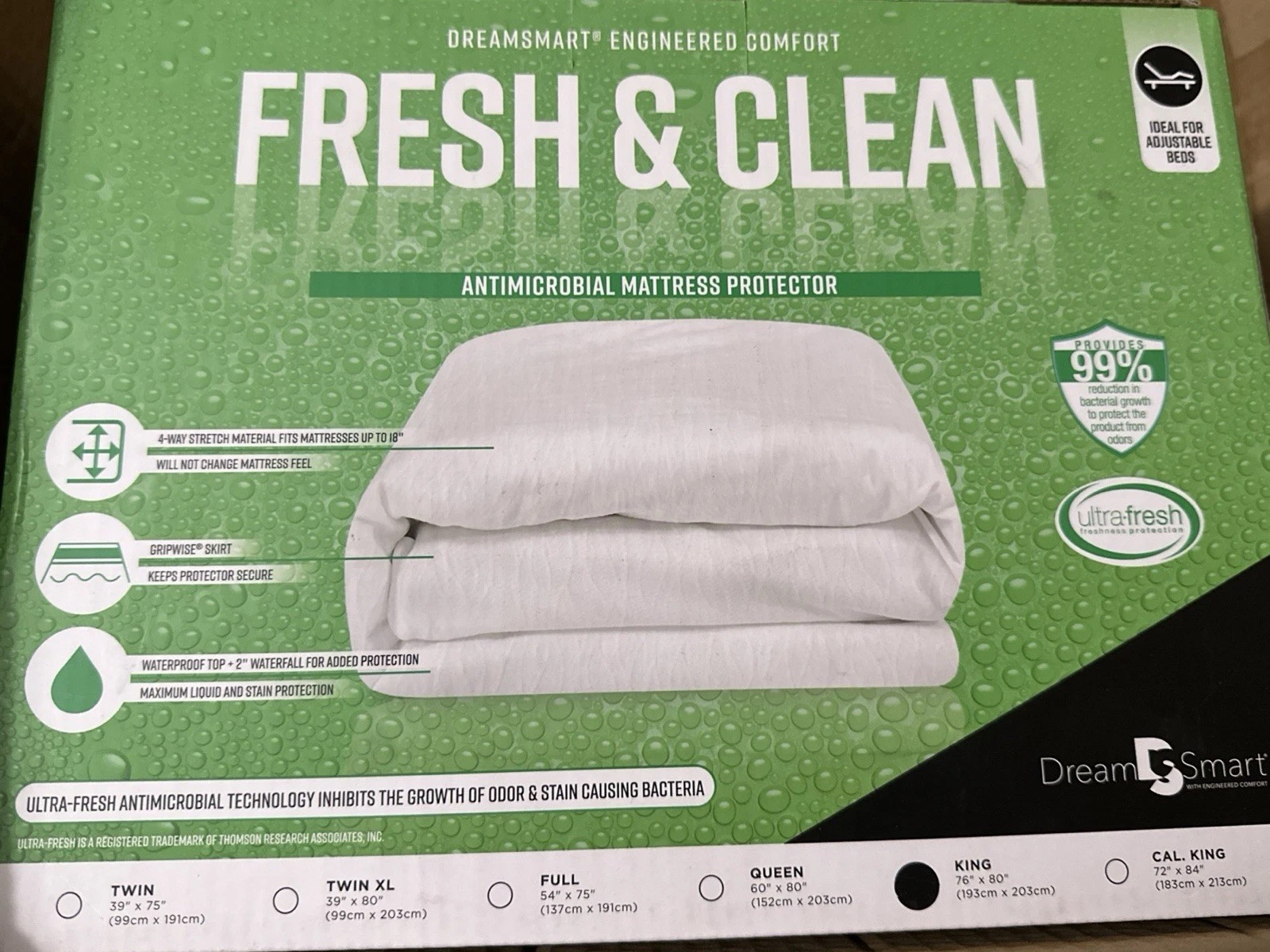 DreamSmart Fresh & Clean King H2Oproof Mattress Protector Antimicrobial Adj Bed