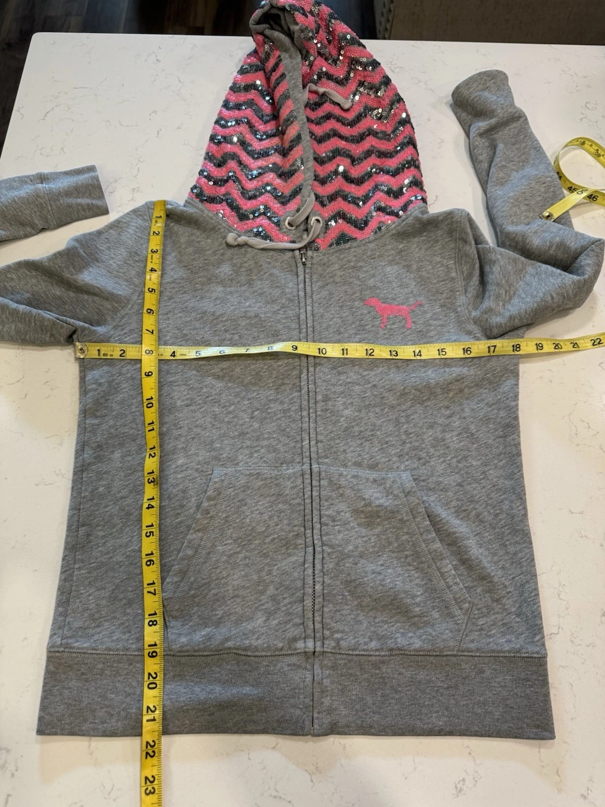 UNDERCOVER Victoria's Secret ROSA Felpa con Cappuccio Zig Zag Chevron Rosa Paillettes Bling Grigio Zip Up XS