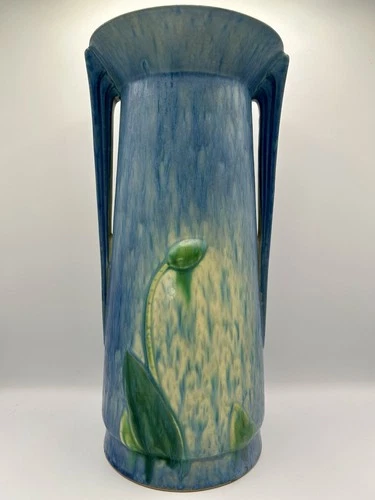 ROSEVILLE FUTURA BLUE WEEPING TULIP VASE 437-12-1928 PAPER LABEL 13”H FREE SHIP