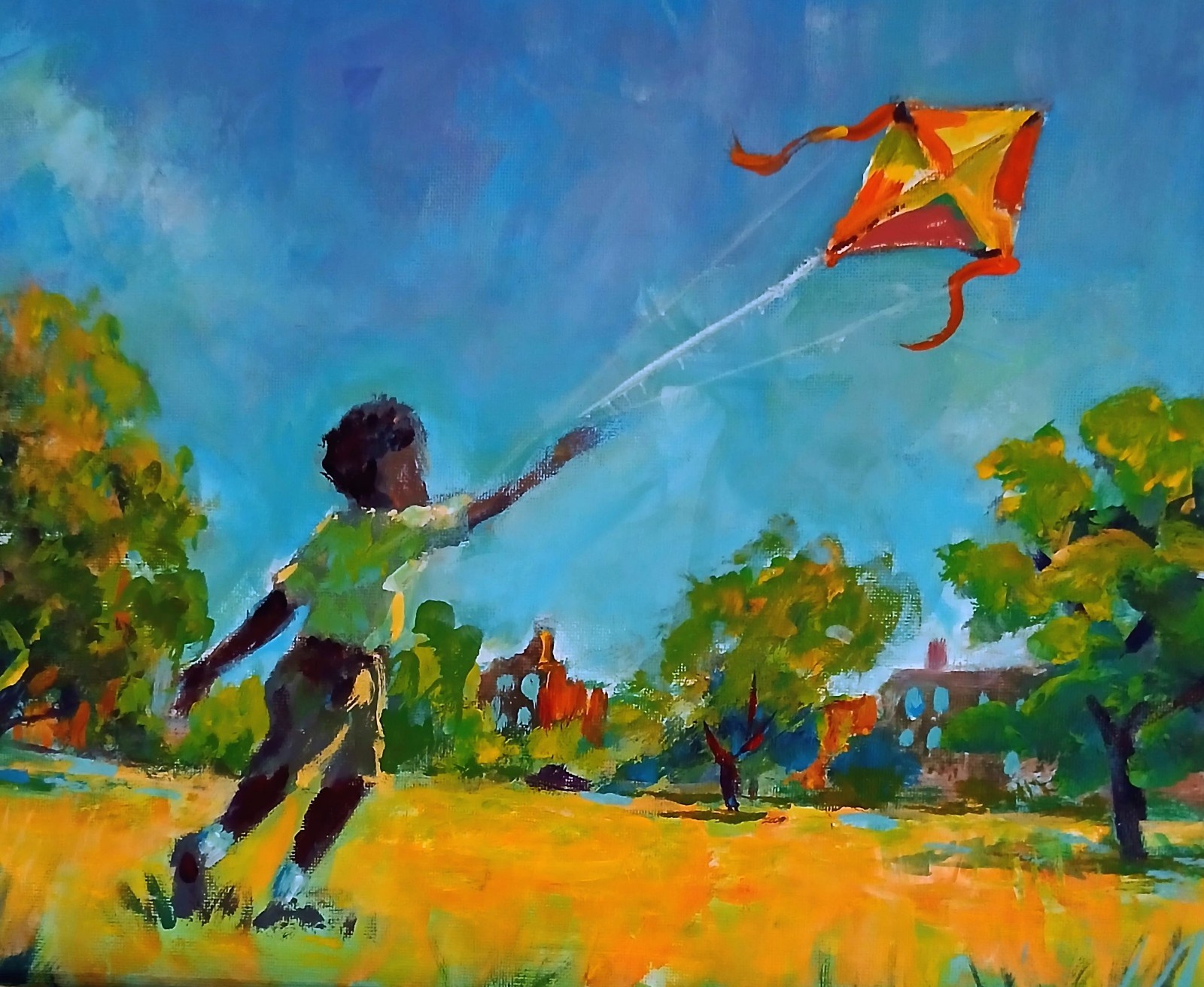 Original Folk Art Painting – Child Flying Kite | Colorful Childhood Memory