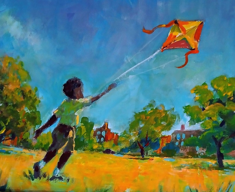 Original Folk Art Painting – Child Flying Kite | Colorful Childhood Memory