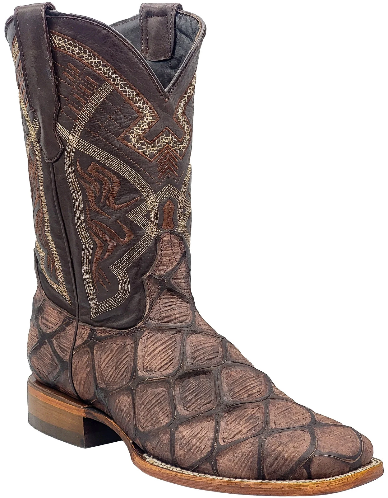 Genuine Leather Exotic Pirarucu Fish Print Square Toe Cowboy Boots - Mate Brown