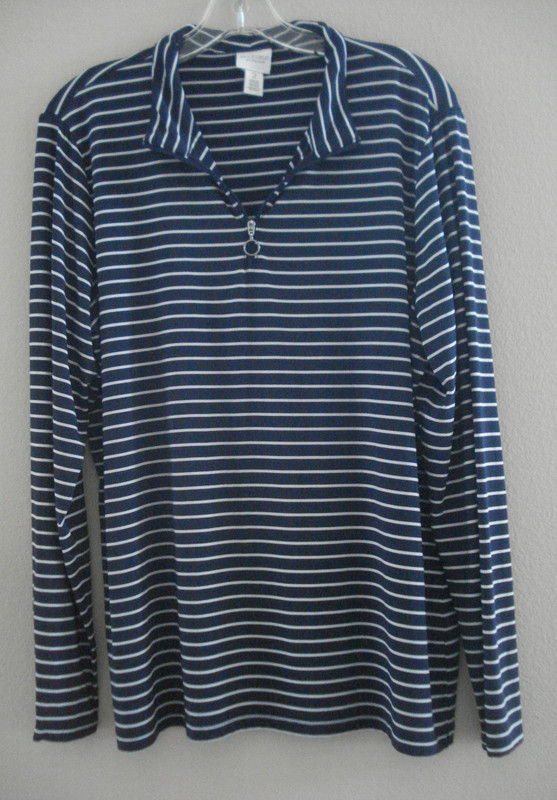 Weekends by Chico’s Womens Large Navy Blue White Striped Top Long Sleeve Casual 