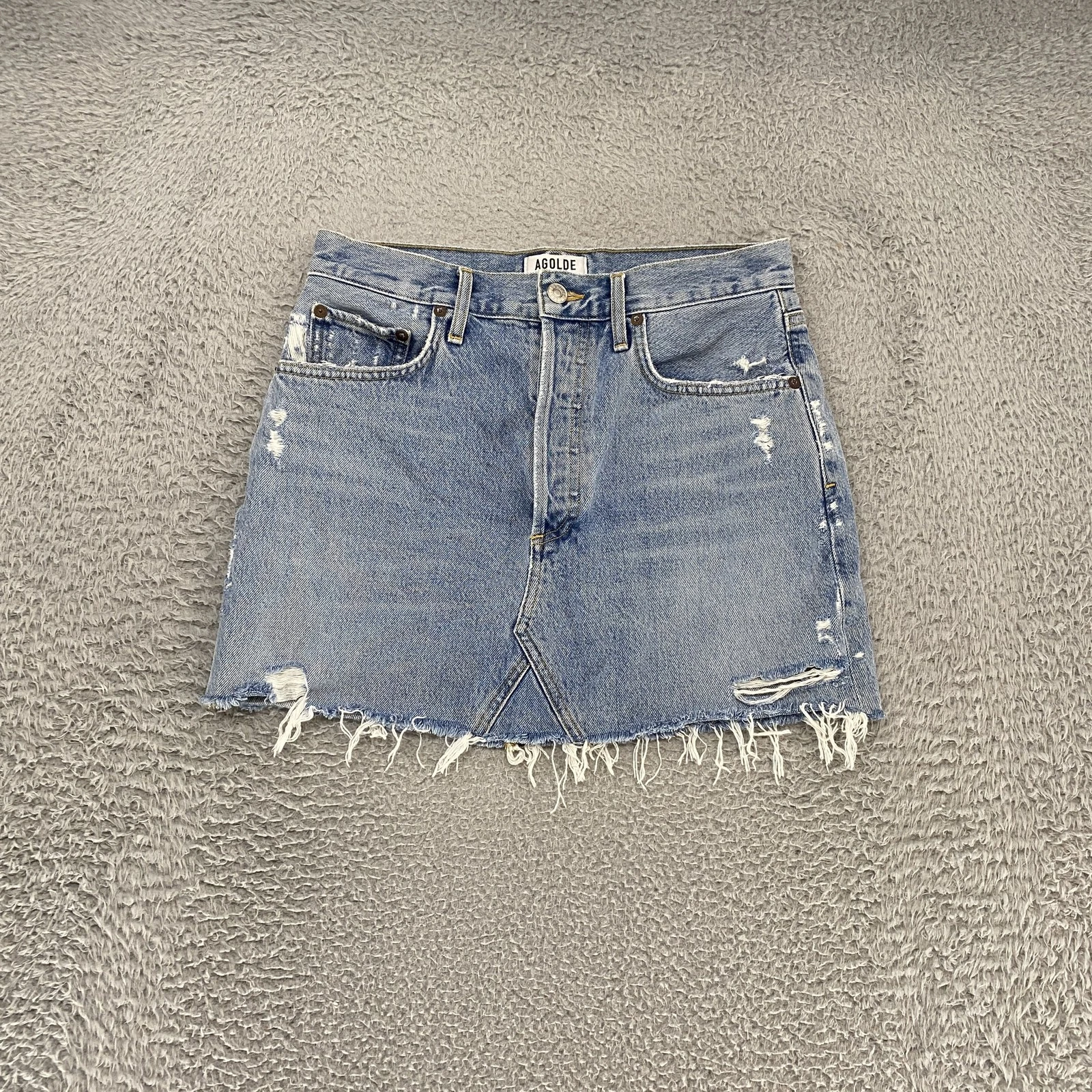 AGOLDE Skirt Womens 27 Blue Denim Distressed Mini High Rise Raw Hem Button Fly