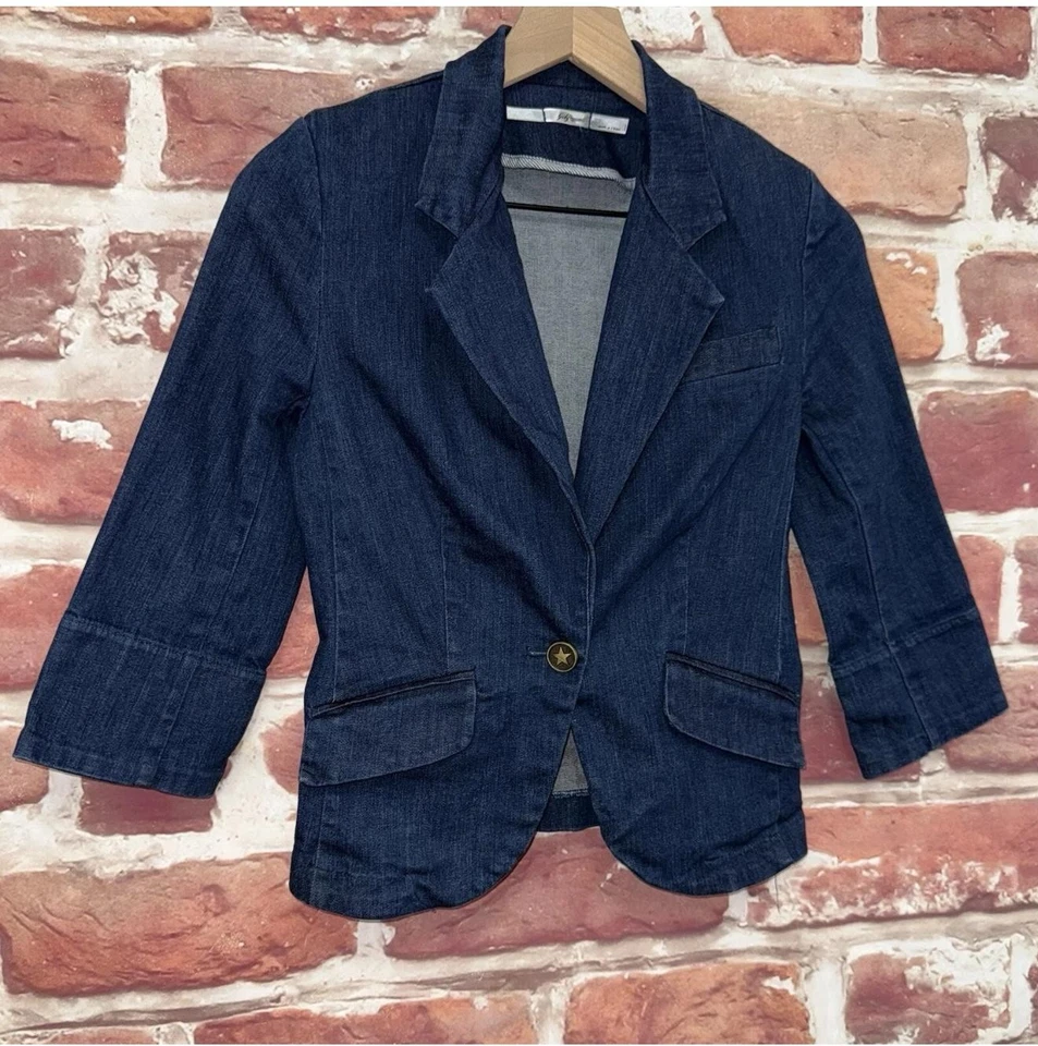 Jaqueta Gibson Feminina XS Azul Chambray Denim Botão Estrela Blazer Casual - Imagem 2 de 4
