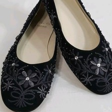 Circa Joan & David Black Beaded Floral Evening Flats Shoes Womens 5.5 M Leather