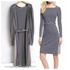 TORY BURCH JERSEY STRIPED BELTED DRESS BLUE/TAN Sz-S