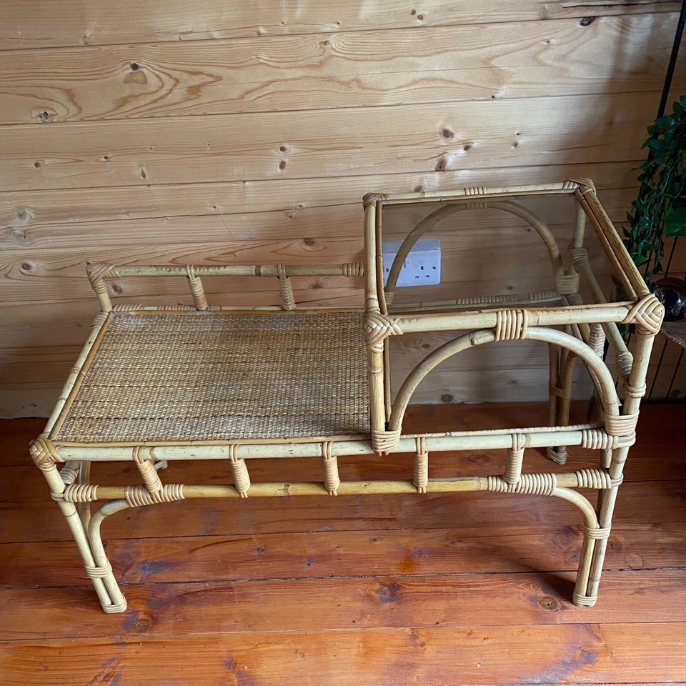 Vintage mid century bamboo wicker rattan telephone seat Table glass shelves boho - Image 2 of 4