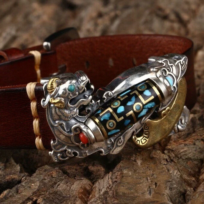 A24 Armband Pixiu Fabelwesen drehbare Dzi-PerleTürkis Stil B Silber 925 Leder - Bild 2 von 4