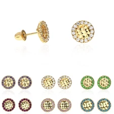 14K Yellow Gold Diamond Cut Gemstone Round Halo 7mm Screw Back Stud Earrings