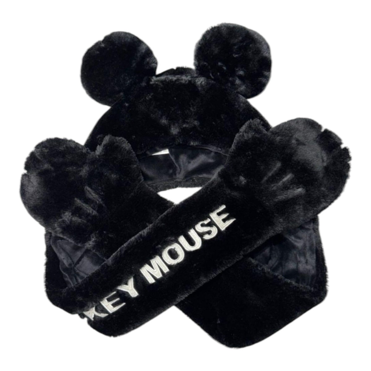 2set Disney Mickey Mouse Fluffy Muffler Cap Tokyo Disneyland Black