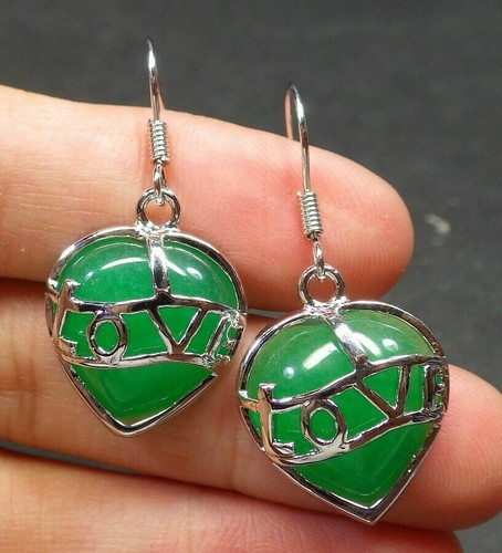 Genuine Green Jade Love Heart Yellow White Gold Plated Luck Hook Dangle Earrings - Picture 9 of 14