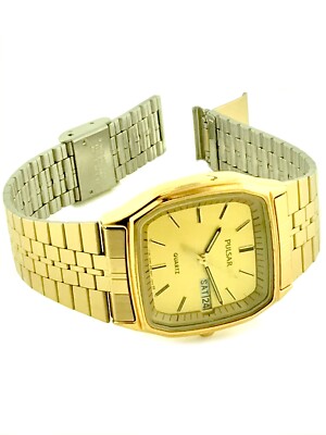 PULSAR y148 5060 Gold TONE Base Metal Bezel Stainless Steel Quartz Watch VINTAGE
