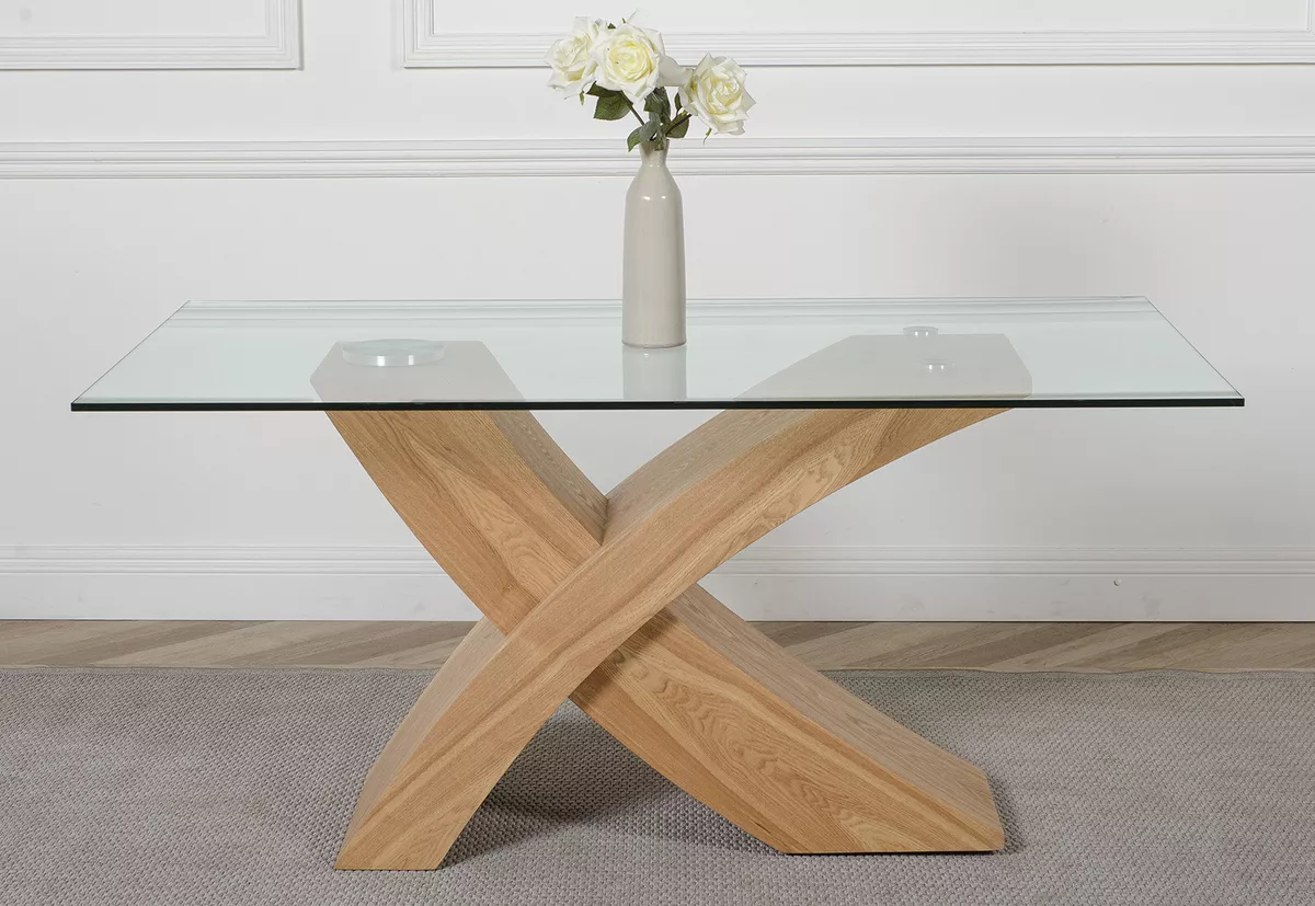 Valencia Oak 160 cm x 90 cm Glass Dining Table for 6 Criss Cross
