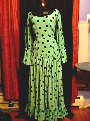 Vintage Flamenco Dress-Turquoise/Navy Dot-Full Sleeves- Ruffles-2  PC--Washable | eBay