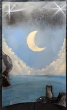  Cat sat by Ocean Spray Paint Art Poster-board (Moon, Stars, Cat, Outer, Space)