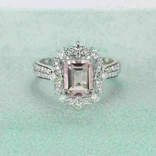 3Ct Emerald Cut Simulated Sapphire Halo Wedding Ring 14K White Gold Plated