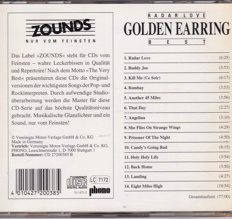 ZOUNDS - GOLDEN EARRING - Radar Love - Best - rare audiophile CD 1991 - Bild 2 von 2