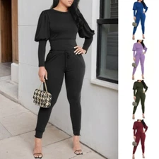 Women's 2Pcs Set with Fluffy Sleeve Top Jogging Pants,Fashionable Sporty Outfit