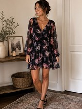 Black Floral Surplice Wrap Dress S Sheer Long Sleeve Ruffle Hem NWT Cottagecore