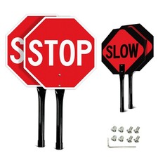 Stop Slow Sign with Metal Handle, 13x13 inches Double Sided Slow/Stop sign, T...