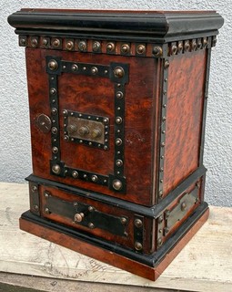 Antique Exotic Wood Tabletop Safe Box 3 Lock Apothecary Specimen Tack Cabinet