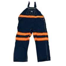 Liberty Mens Orange Reflective Dark Wash Denim Bib Overalls- Size 48x28 (Read)