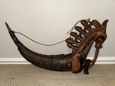 Tribal Art Hand Carved Wood And Horn Horse, Lizards, People Large