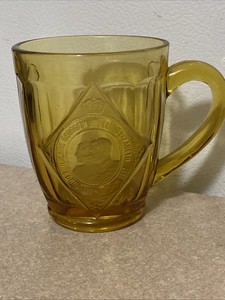 1937 Coronation Amber Glass Mug King George VI & Queen Elizabeth Embossed